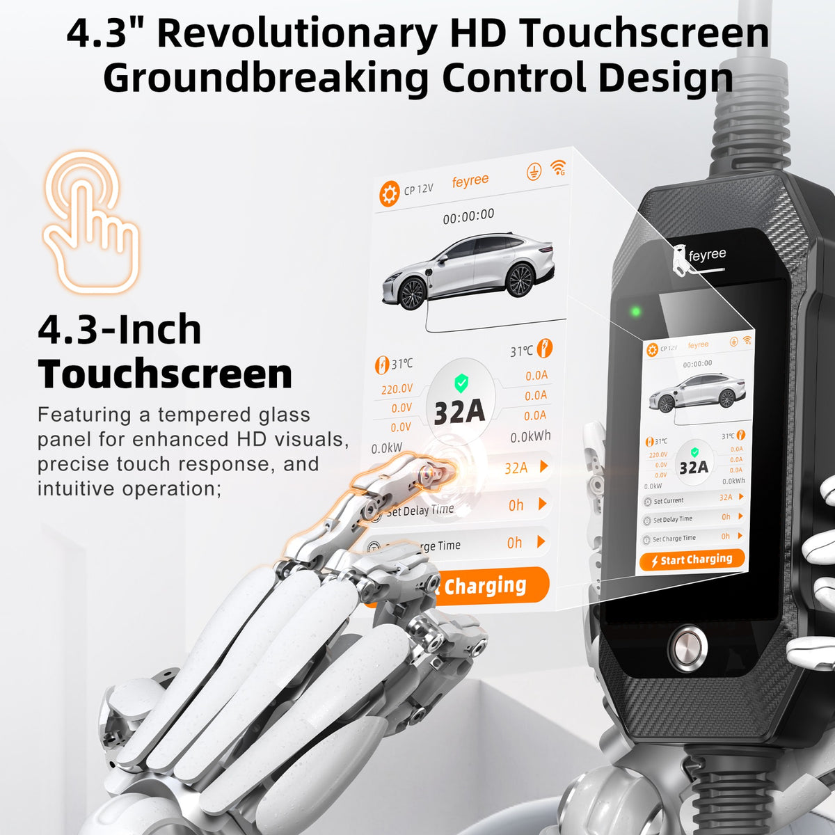 Feyree Chargeur VE portable 7 kW prise de charge Type 2 écran tactile 4,3 pouces avec application Wi-Fi intelligente chargeur VE domestique design professionnel