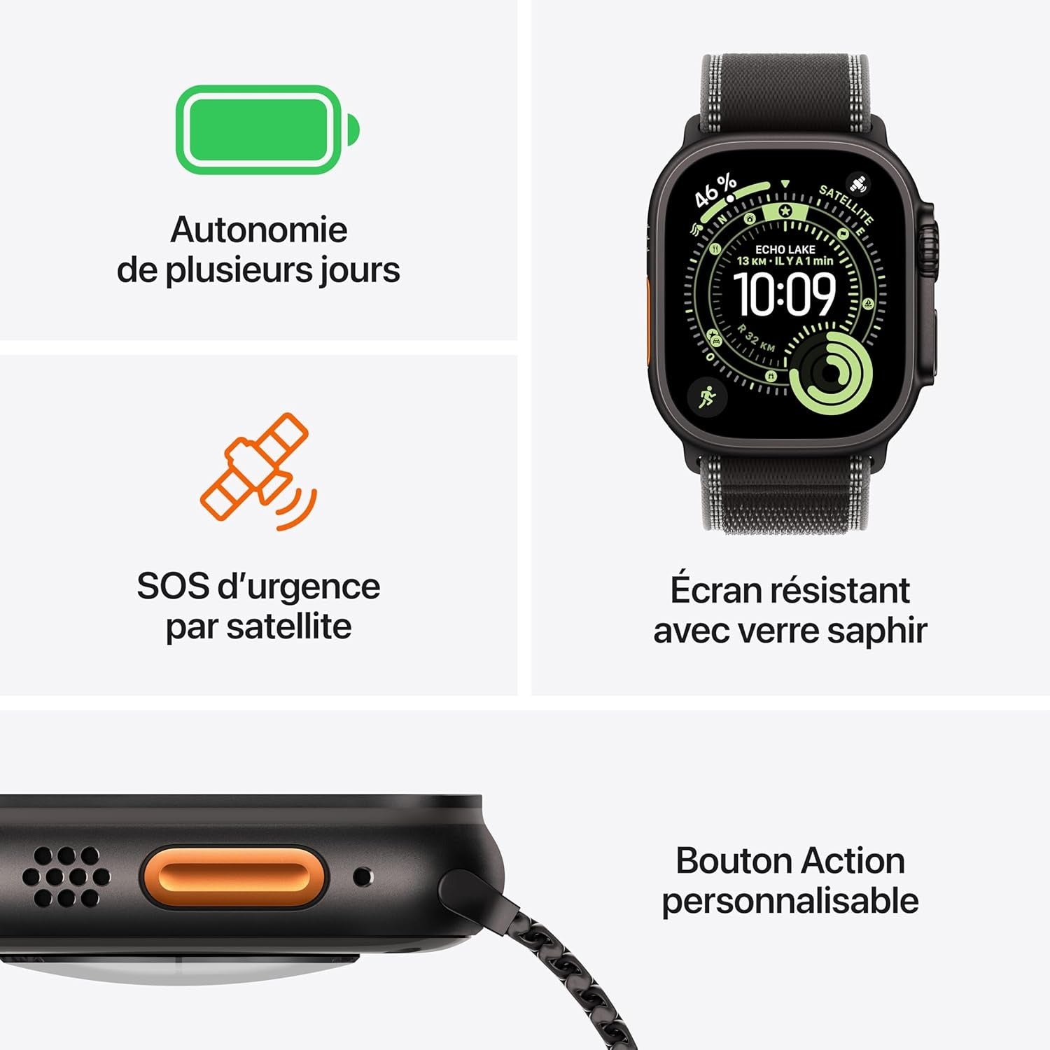 Apple Watch Ultra 3 GPS + Cellular 49 mm avec boîtier en titane noir et Boucle Trail Loop noir/charbon - S/M