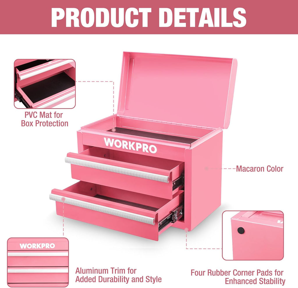 WORKPRO Boîte à tiroirs métallique avec 2 tiroirs et espace de rangement supérieur rose, 27,5 x 15 x 20,8 cm, organisateur de table avec tiroirs pour bureau, vestiaire et poste de travail