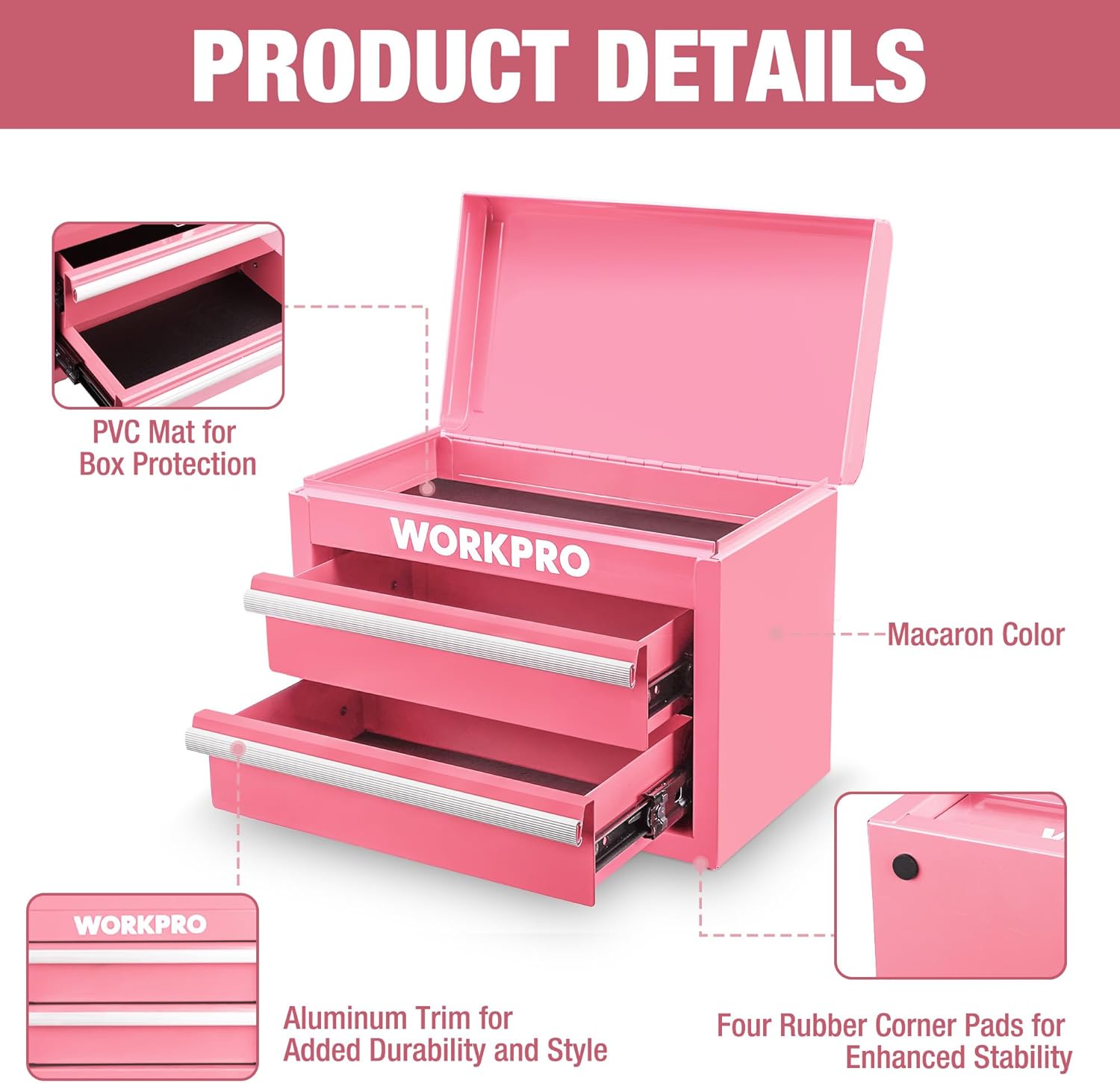 WORKPRO Boîte à tiroirs métallique avec 2 tiroirs et espace de rangement supérieur rose, 27,5 x 15 x 20,8 cm, organisateur de table avec tiroirs pour bureau, vestiaire et poste de travail