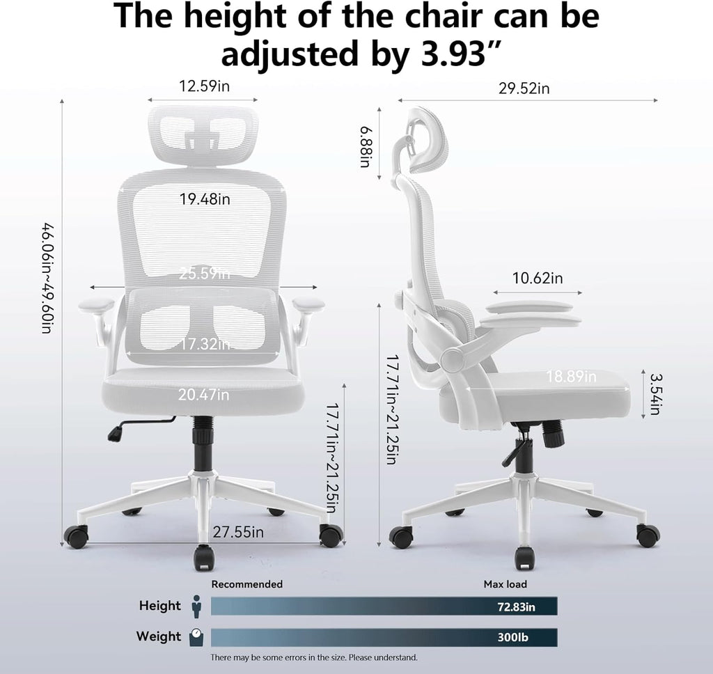 SIHOO M102C Chaise de bureau ergonomique en maille, haut dossier avec accoudoirs 3D, soutien lombaire réglable haut/bas, chaise de travail informatique pivotante, cadre blanc et maille gris clair