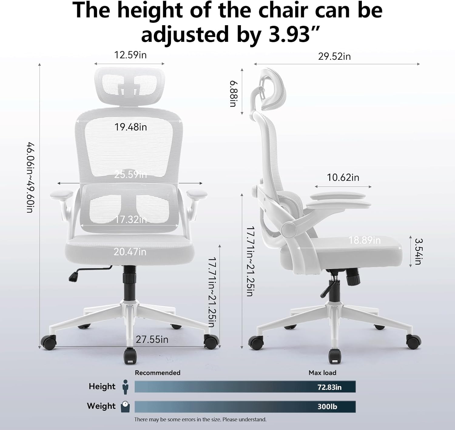 SIHOO M102C Chaise de bureau ergonomique en maille, haut dossier avec accoudoirs 3D, soutien lombaire réglable haut/bas, chaise de travail informatique pivotante, cadre blanc et maille gris clair