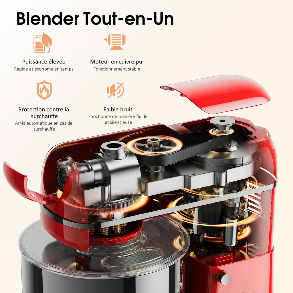 HONINST Robot pâtissier multifonction 7-en-1, 6,5 qt, 8 vitesses, tête inclinable, mixeur alimentaire électrique avec hachoir à viande, mixeur à jus, crochet pétrisseur, batteur