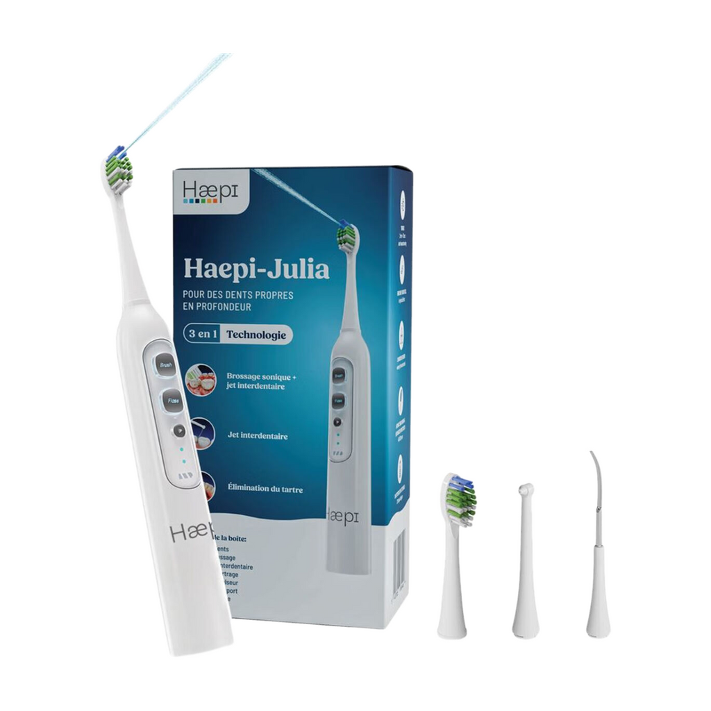 Haepi Julia – Brosse à dents électrique sonique 3-en-1 | Brossage + Jet interdentaire + Nettoyage des gencives | 48 000 vibrations/min | Rechargeable par USB