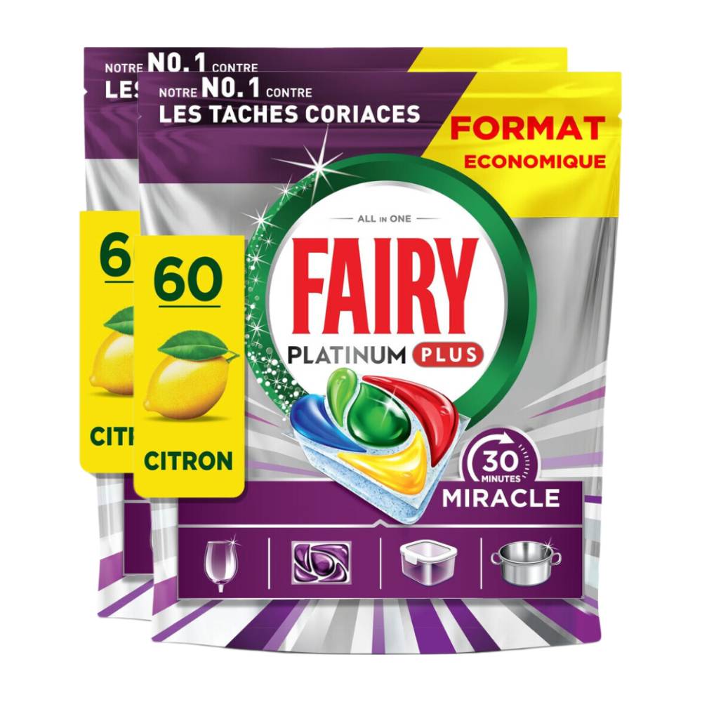 Fairy Tout-en-1 Platinum Plus 30 Minutes Miracle Citron Anti-Mate Capsules Lave-Vaisselle 2 x 60 Tablettes (= 120 Tablettes)
