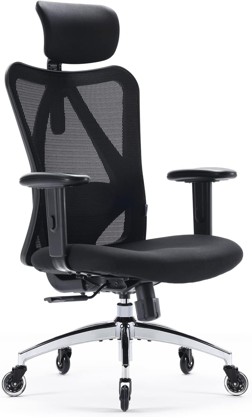 SIHOO M18 Chaise de bureau ergonomique à dossier haut en mesh respirant, avec appui-tête et soutien lombaire réglables, roulettes améliorées, noir