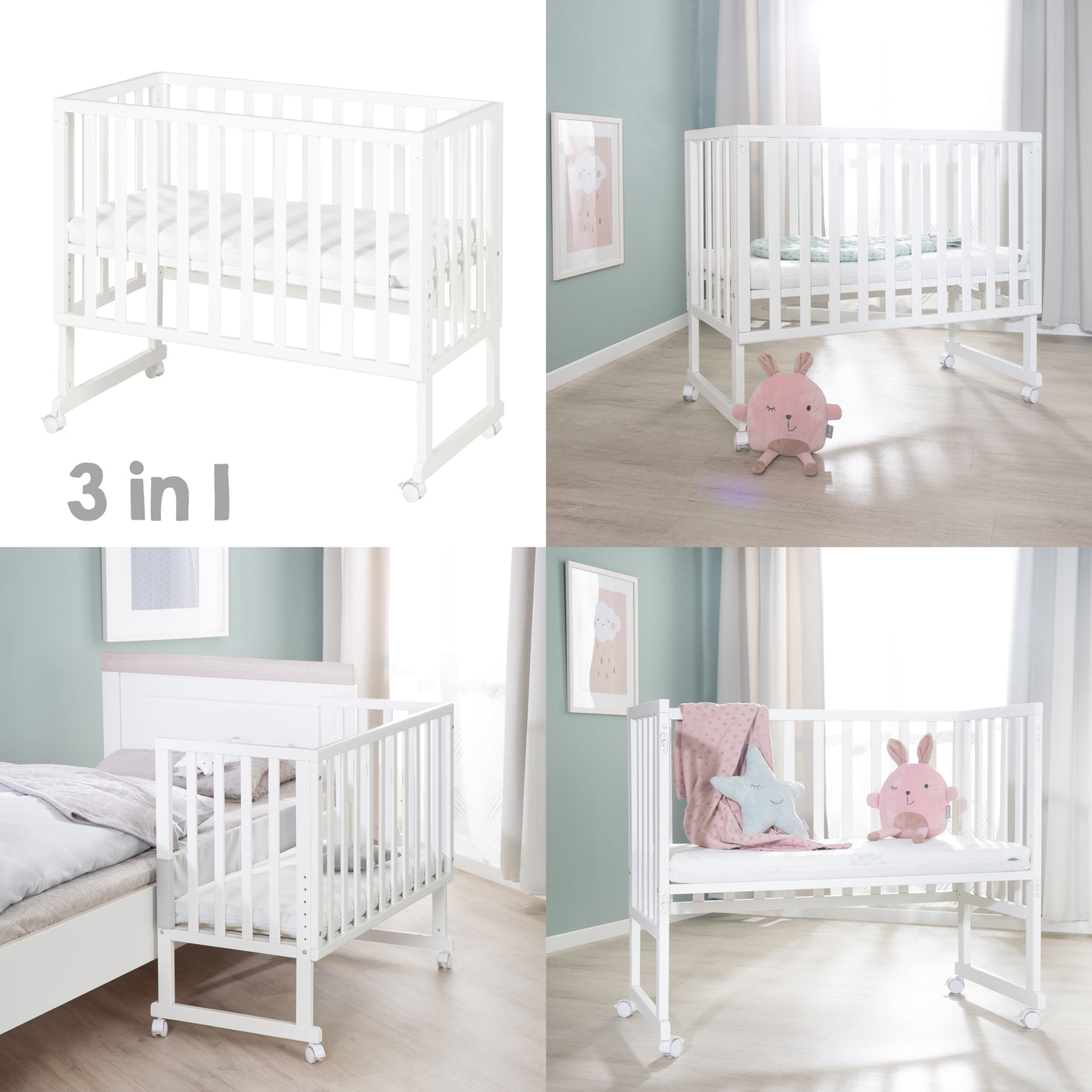 roba 3-en-1 Lit-bébé à coucher avec barrière de sécurité et matelas (Blanc)