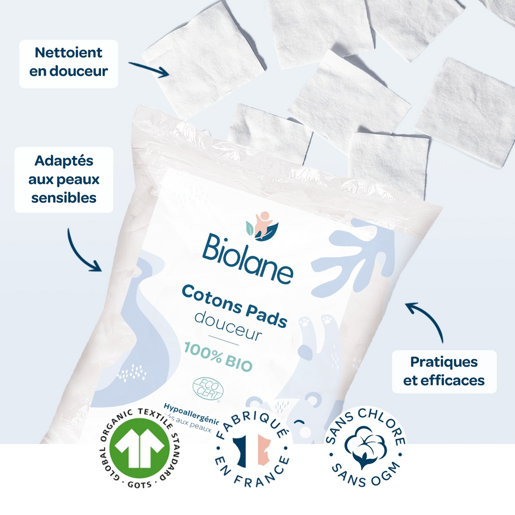 Biolane Disques de coton biologique pour le change et le nettoyage des bébés, peaux sensibles, 150 disques
