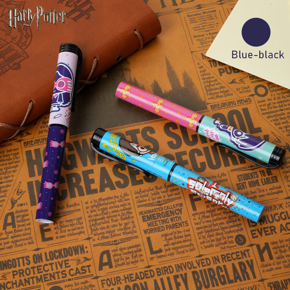 Warner Bros. Lot de 3 stylos Harry Potter à personnages stylisés mignons sous licence officielle encre bleu-noir Monde des sorciers cadeau de papeterie