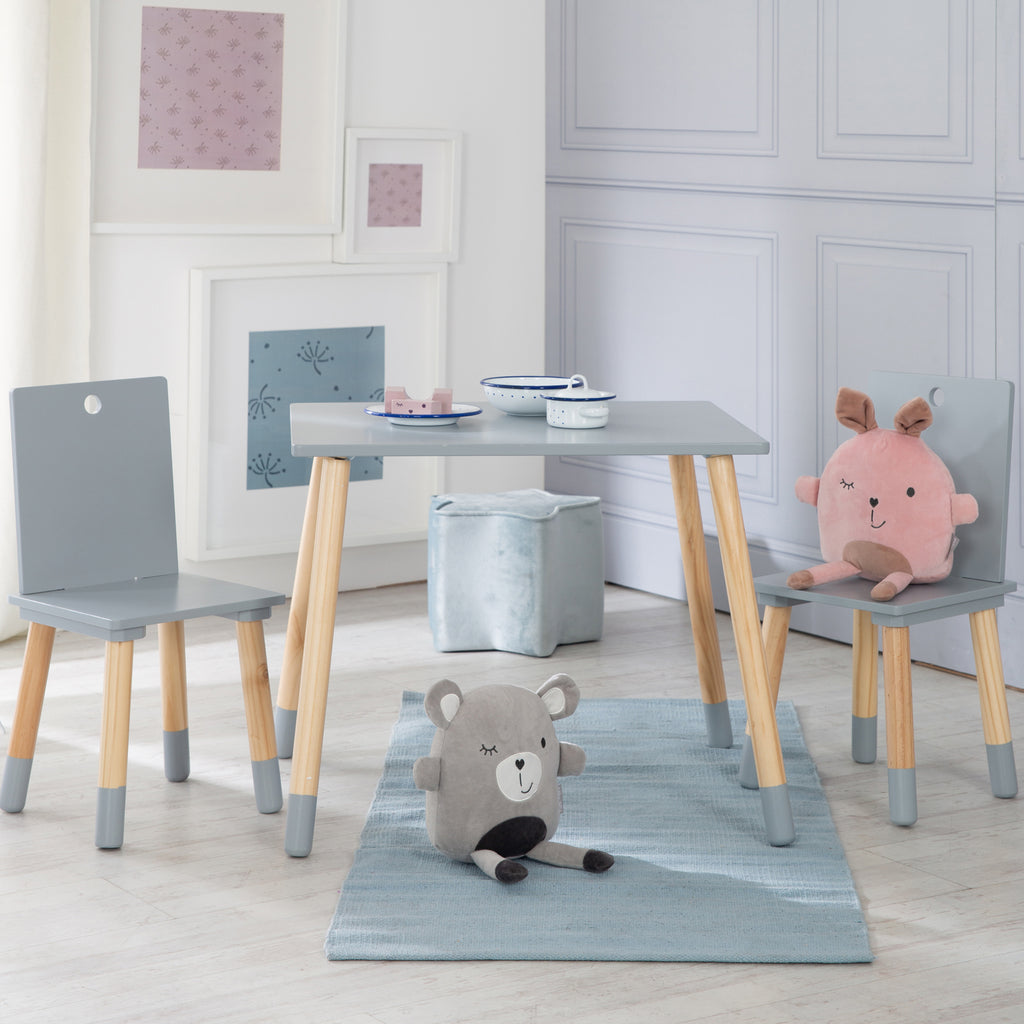 roba Ensemble Table et 2 Chaises pour Enfants avec Pieds en Bois Massif (Style Scandinave / Naturel & Gris)