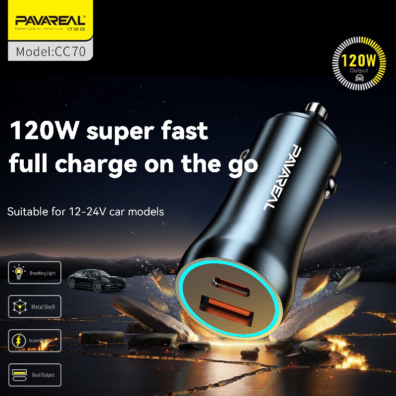 PAVAREAL Chargeur de voiture CC70 PD20W+100W compatible charge rapide pour séries iPhone, iPad