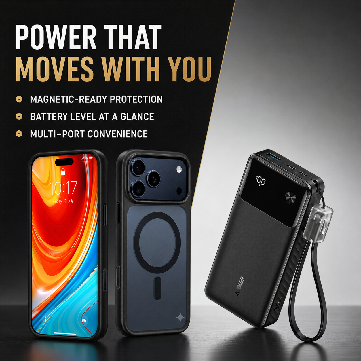 TORRAS iPhone 17 Pro Max Guardian-Magnetic Case + Anker 20,000mAh Power Bank, Black, Magnetic Charging Bundle