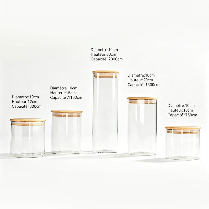 JORDAN&JUDY Lot de 5 boîtes de conservation en verre, hermétiques pour céréales, finition grain de bois (750 ml x1 + 800 ml x1 + 1100 ml x1 + 1500 ml x1 + 2300 ml x1)