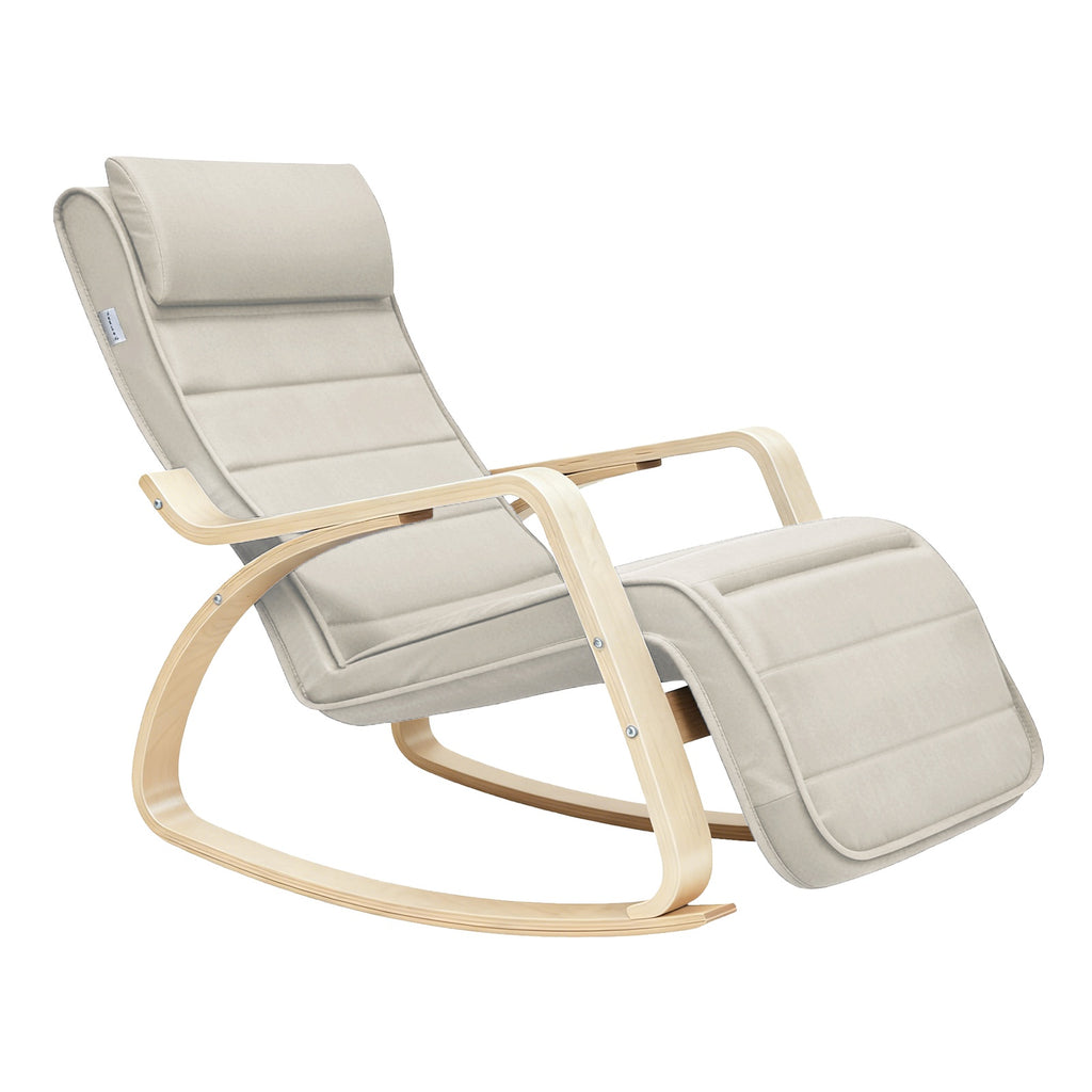 JOYFURNOS Fauteuil à bascule Beige En bois de bouleau Avec repose-pieds réglable Et housse amovible 121,5*65*84 cm Fauteuil de détente Pour salon ou chambre