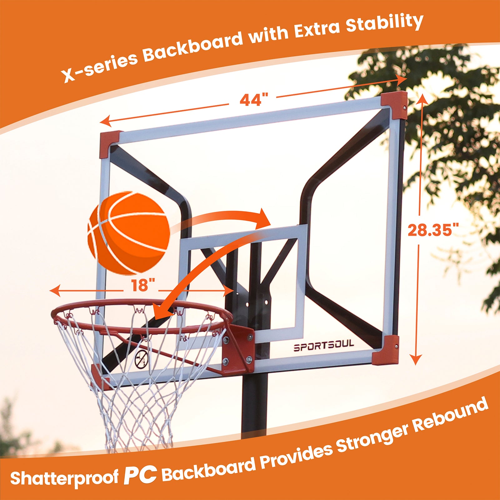 SPORTSOUL Série X Panier de basket-ball d'extérieur portable et réglable - Panneau de basket-ball en PC incassable de 44 pouces - Assemblage en 60 minutes