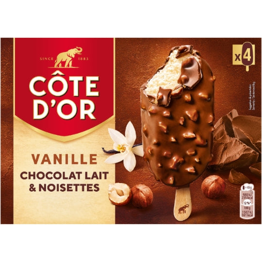 Cote D'or Glaces Bâtonnets Vanille Chocolat Lait et Noisette 4 barres – 260 g
