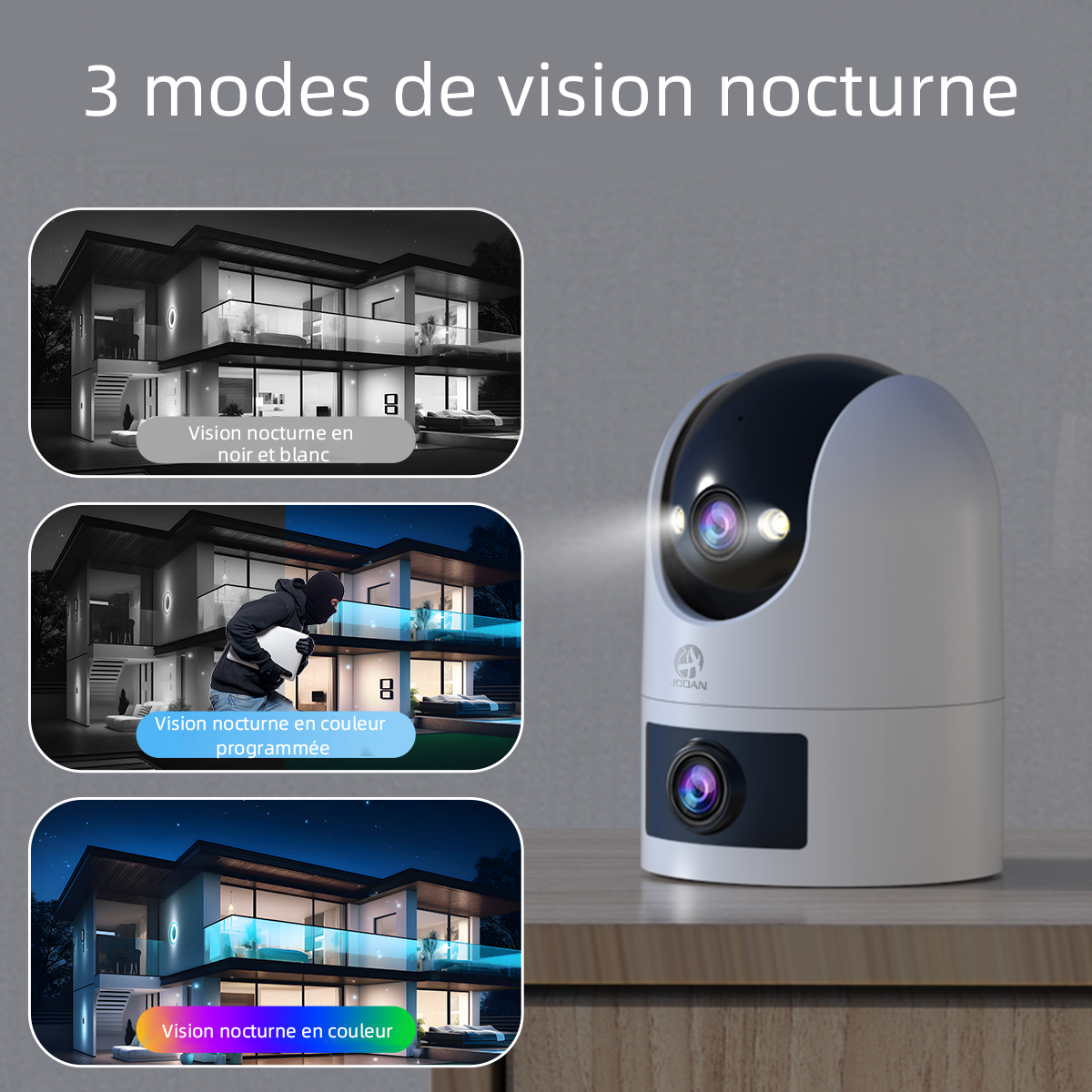 JOOAN W8-U X Caméra de sécurité intérieure/extérieure à double objectif, Wi-Fi double bande 2,4 GHz/5 GHz, vue 360°, IP66, vision nocturne couleur, enregistrement 24 h/24 et 7 j/7, suivi automatique, audio bidirectionnel, stockage en nuage/sur carte,