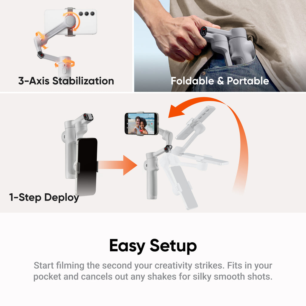 Insta360 Flow 2 Gris - Stabilisateur pour smartphone pliable avec IA, suivi IA et multi-personnes, trépied/perche à selfie intégrés, télécommande, compatible iPhone/Android, voyage