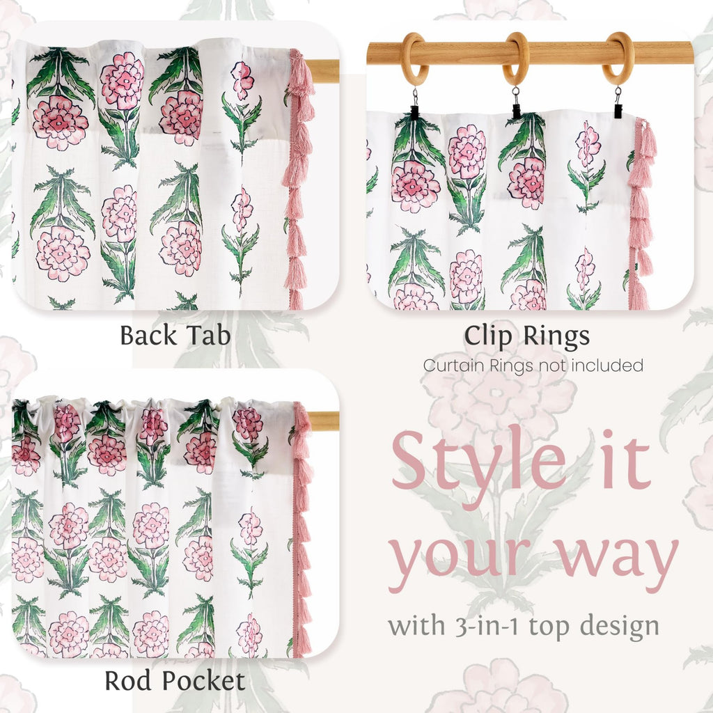 PONY DANCE Rideaux en Lin Floral pour Salon Épais et Durables Mélange Coton-Lin, Panneaux de Fenêtre Verticaux Intimité Bohème avec Pompons pour Chambre/Maison de Campagne, 2 Panneaux