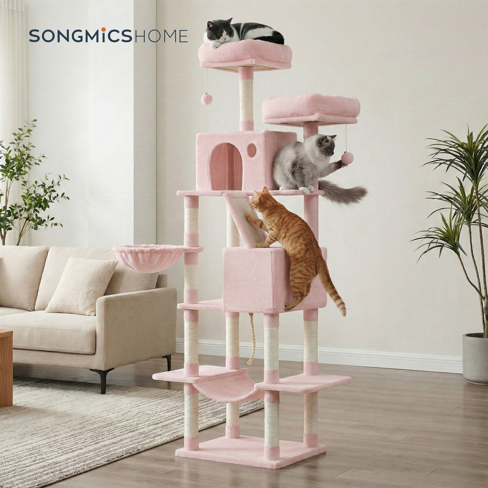 Arbre à chat hauteur 206 cm avec 13 griffoirs, 2 plateformes, 2 niches et panier, hamac, pompon - Rose bonbon