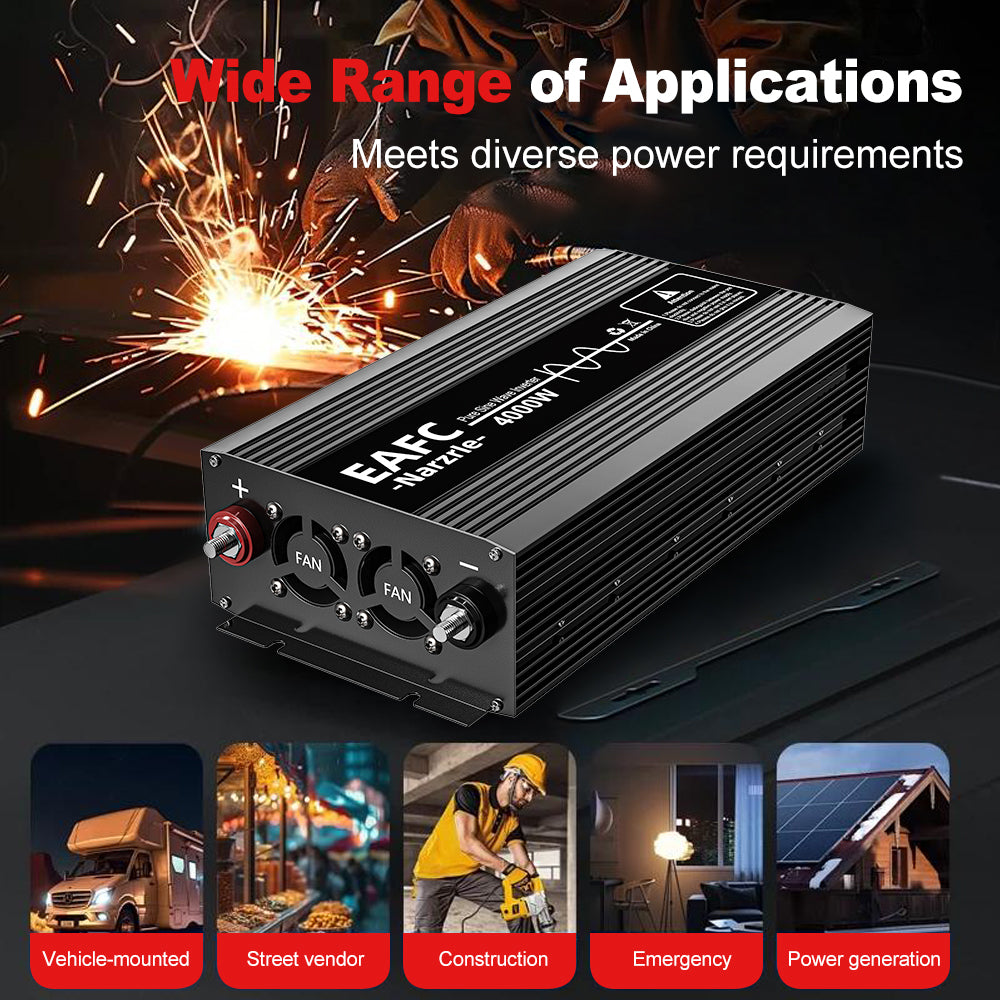 EAFC 4000 W Onduleur de puissance à onde pure (Pic 4000 W / Nominale 2000 W), Convertisseur 12 V CC vers 220 V CA avec double ventilateur de refroidissement intelligent