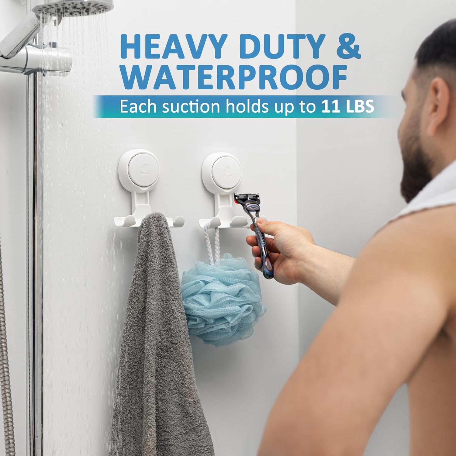 Taili, Lot de 2 supports muraux à ventouse puissante pour douche, rasoir, éponge, serviette - Blanc