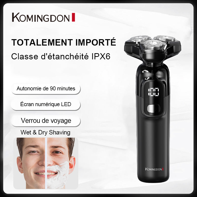 Komingdon Rasoir à grille magnétique, Affichage numérique, Batterie longue durée, Rasoir rotatif à trois têtes, Grille à double anneau, Verrouillage de voyage, Tondeuse à barbe pour homme