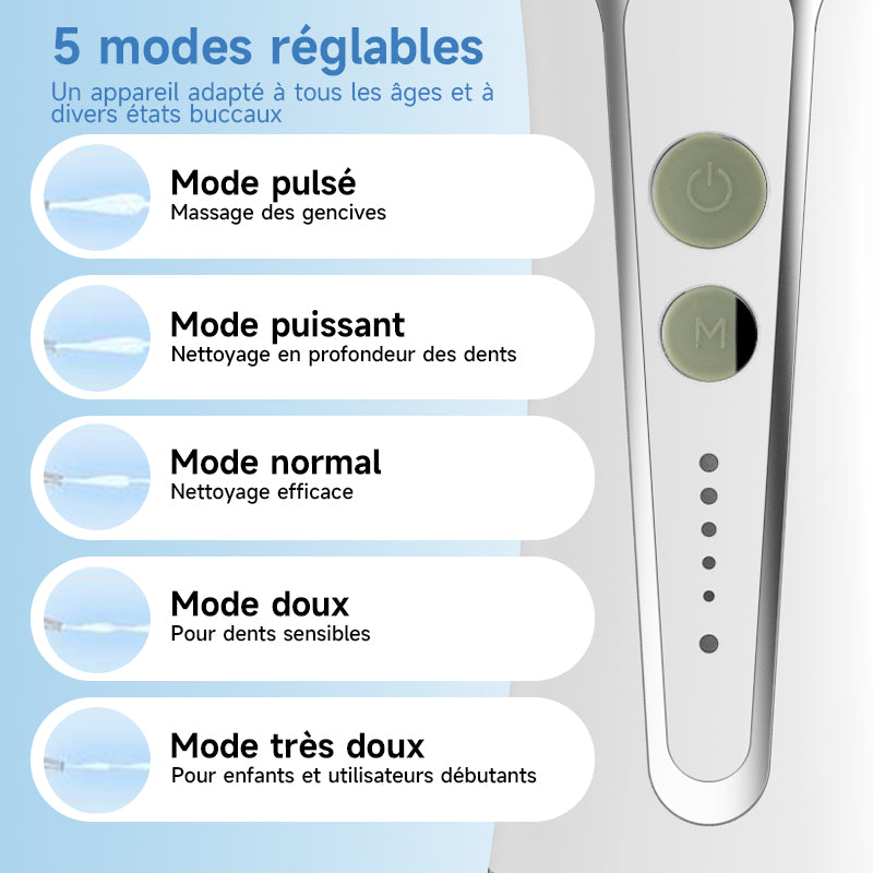 H2ofloss HF-2 Brosse à dents électrique, avec 5 modes, 5 embouts, rechargeable par USB, étanchéité IPX7 et un réservoir d'eau de 300 ml, disponible en blanc