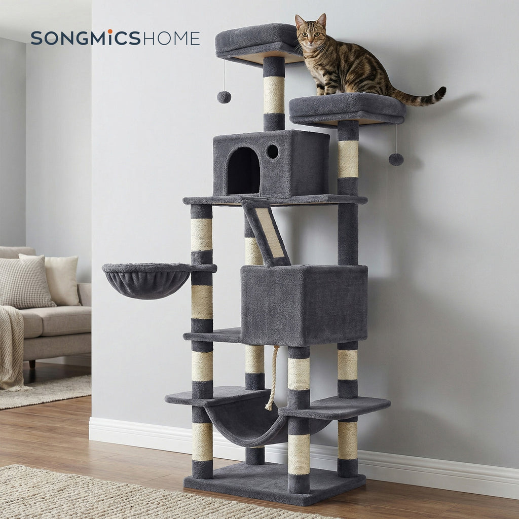 JOYFURNOS Arbre à chat, grande tour pour chat de 168 cm avec 13 poteaux à griffer, 1 rampe à griffer, 2 perchoirs, 2 niches, panier, hamac, pompons, gris fumé
