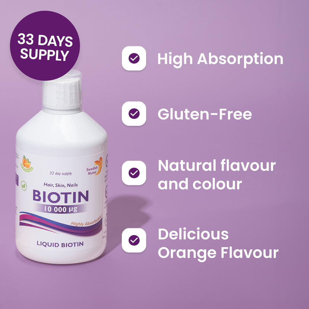 Swedish Nutra Biotine Liquide 10 000µg 500 ml – Biotine & Vitamine C pour Cheveux, Peau et Ongles | absorption rapide, vegan, sans gluten, arôme naturel d'orange 100%