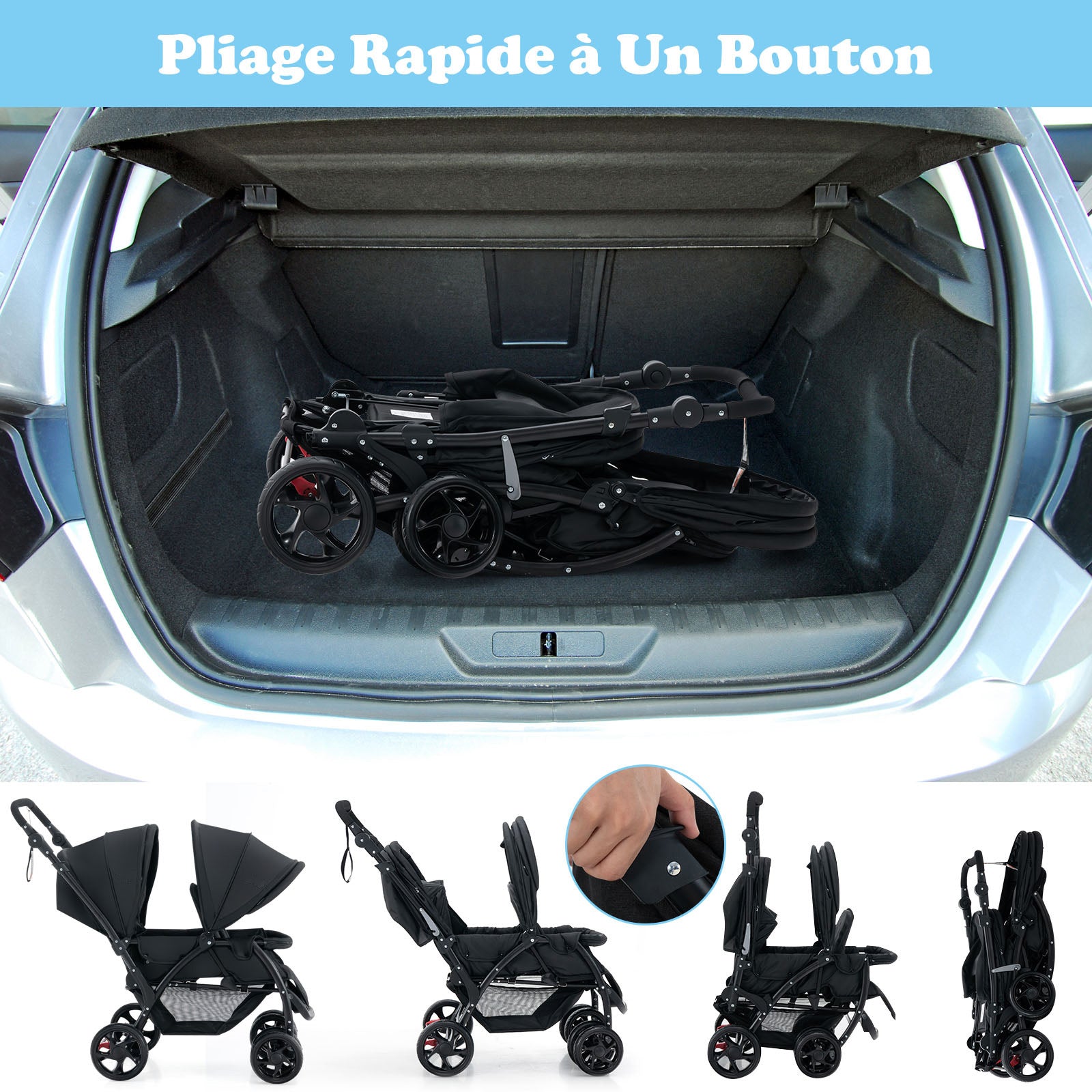 Poussette jumelle pliable Sibling avec dossier réglable et pare-soleil, capacité de charge 30 kg, noir