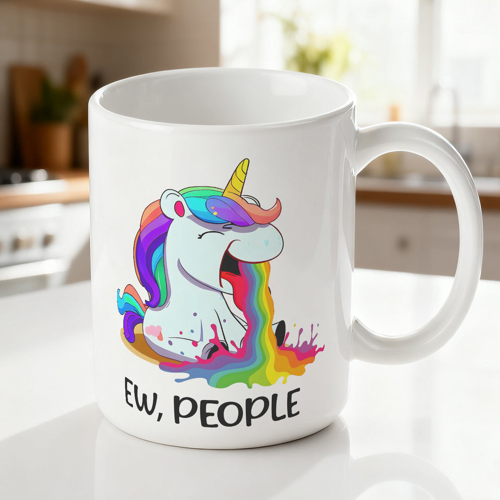 Alphynix Mug blanc 1 pièce 11 oz avec citation impertinente "BEURK, LES GENS" et licorne crachant un arc-en-ciel, cadeau amusant contrasté de Noël ou de Thanksgiving