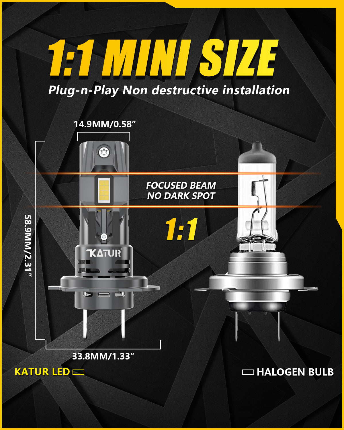 KATUR H7 Lot de 2 ampoules LED pour phare avec 100 W, 30 000 lm, 6000K blanc xénon, format mini 1:1 et Plug & Play