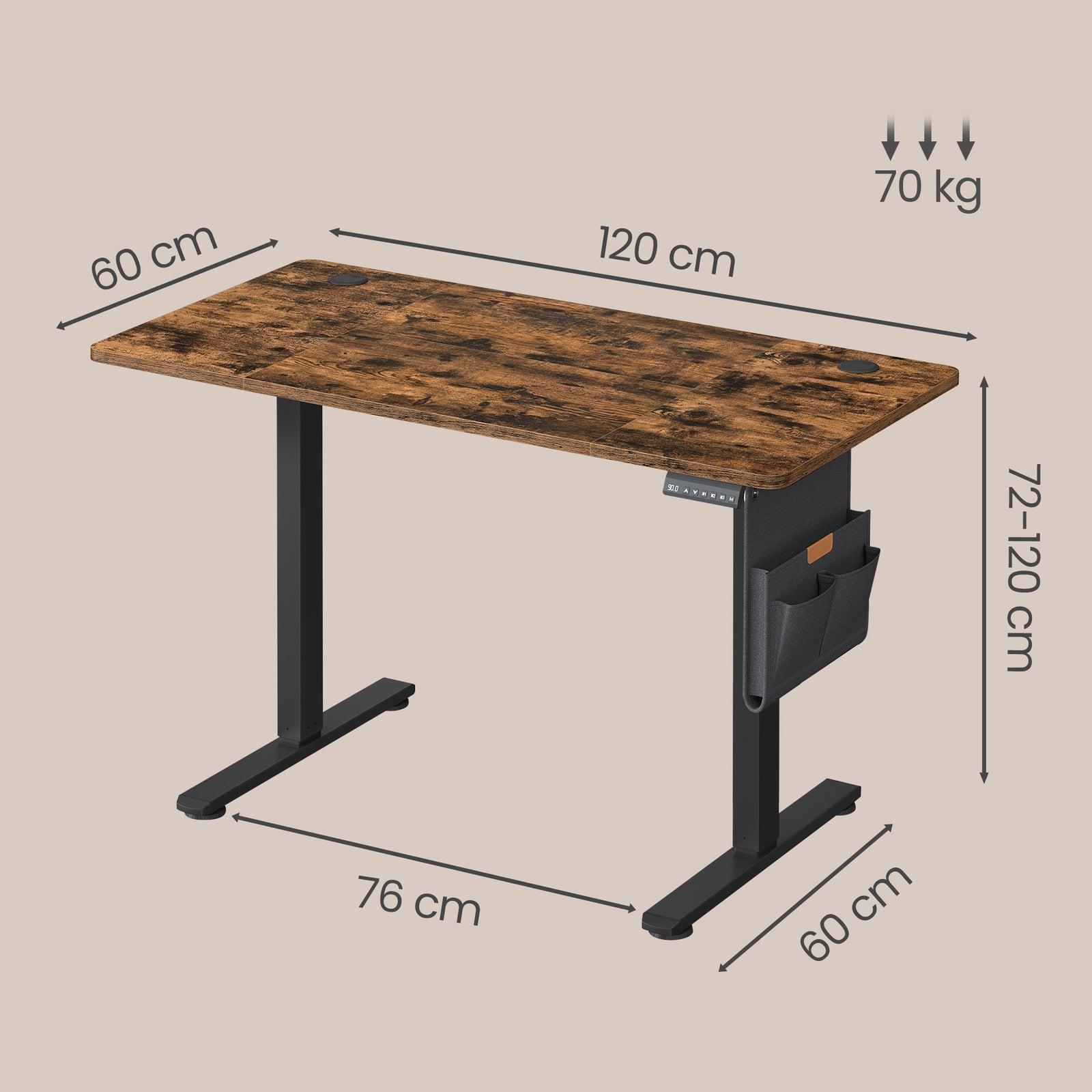 JOYFURNOS Bureau électrique réglable en hauteur brun rustique avec 4 mémoires de hauteur - 120 x 60 cm