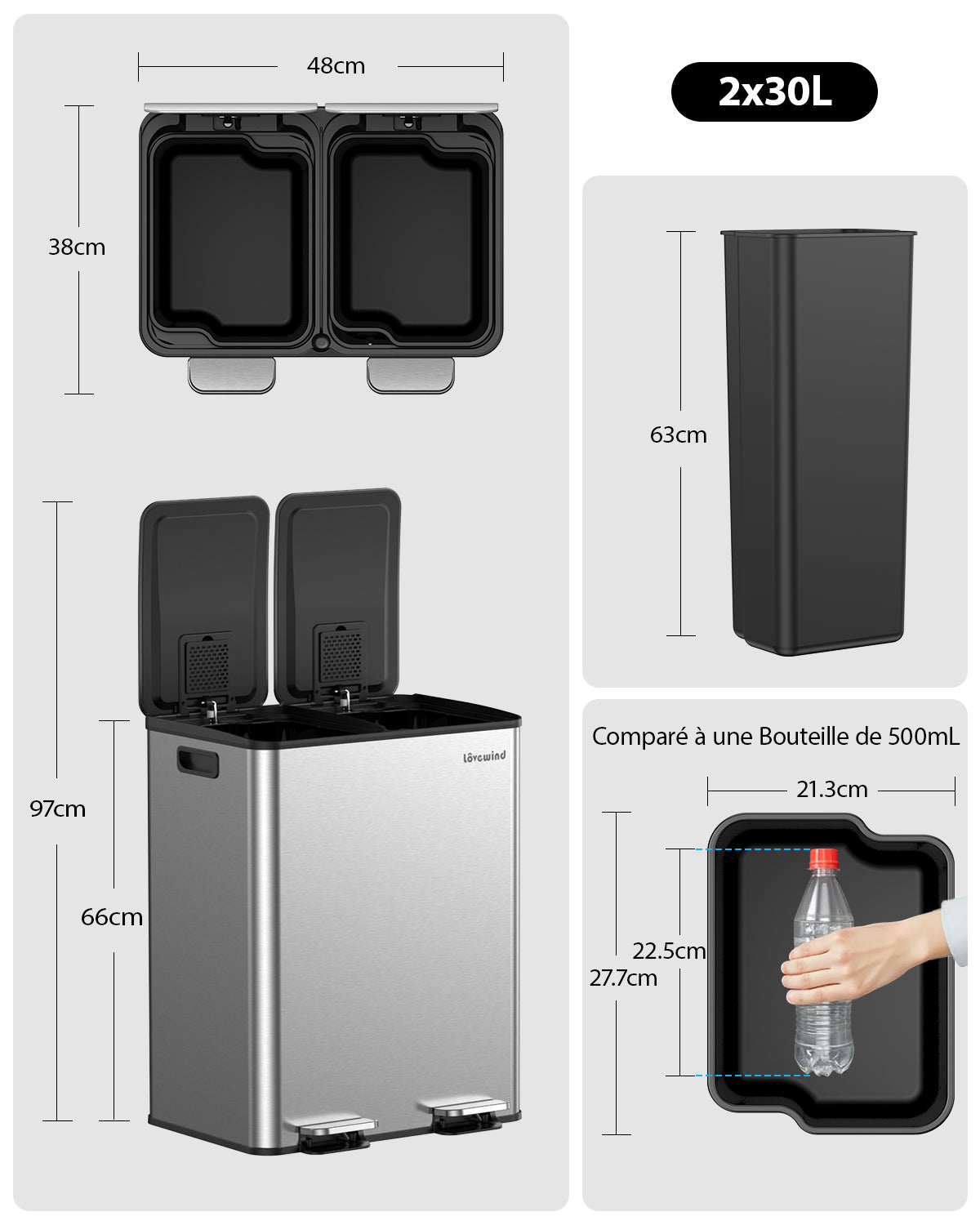 lovewind Poubelle de cuisine, 2 x 30 L, double poubelle pour recyclage et déchets, argenté, poubelle en acier inoxydable avec couvercle et seaux intérieurs, grande capacité