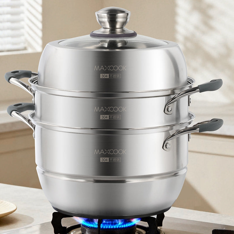 Maxcook cuiseur vapeur à 3 niveaux, cuiseur vapeur en acier inoxydable 304 de 28 cm avec couvercle en verre, cuiseur vapeur multicouche avec poignées en silicone anti-brûlure, compatible avec induction, cuisinière à gaz MCZ743