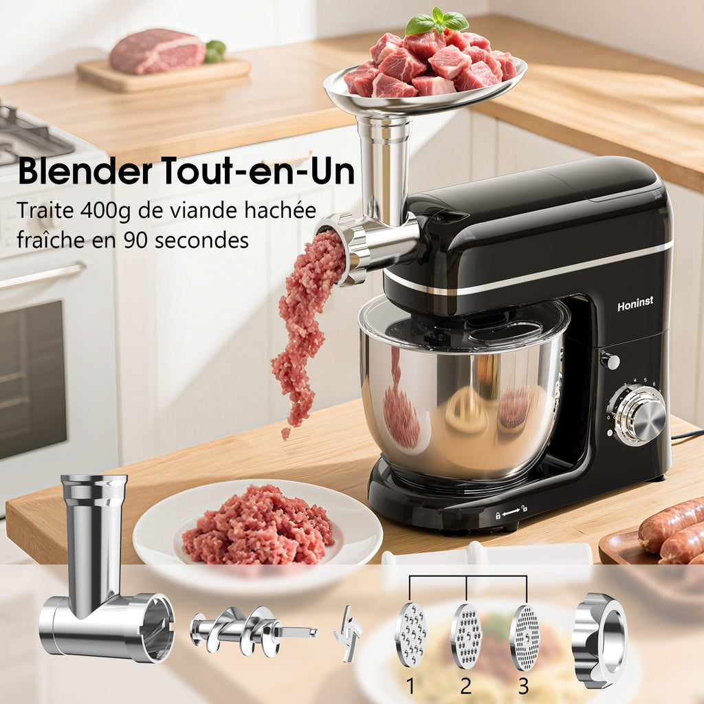 HONINST Robot pâtissier sur socle multifonction 7-en-1, Robot de cuisine à tête inclinable 8 vitesses 6,5 qt, Batteur électrique avec hachoir à viande, Mixeur à jus
