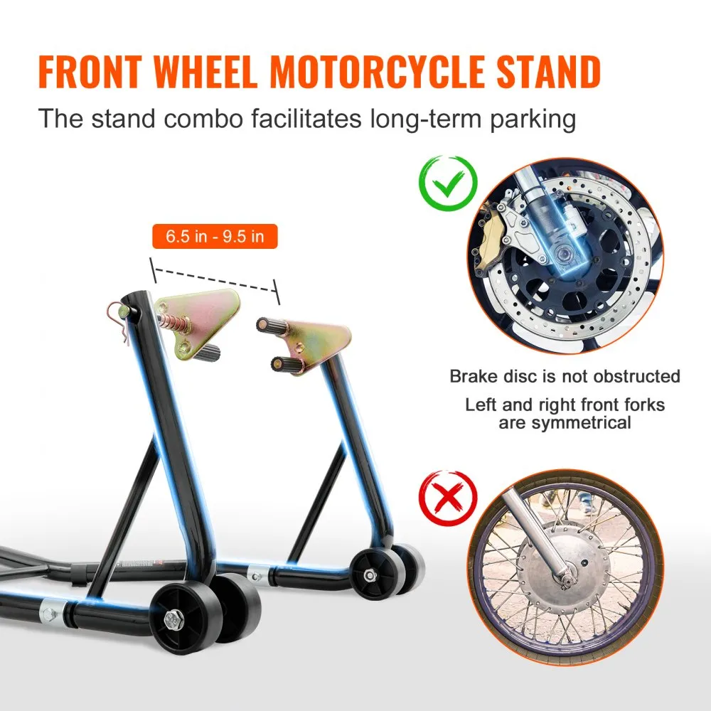 VEVOR Kit de Support de Piste pour Moto, Capacité de Charge de 386 kg, Support de Levage pour Roues Avant et Arrière avec Fourche L, Fourche U et Adaptateurs à Double Fourche