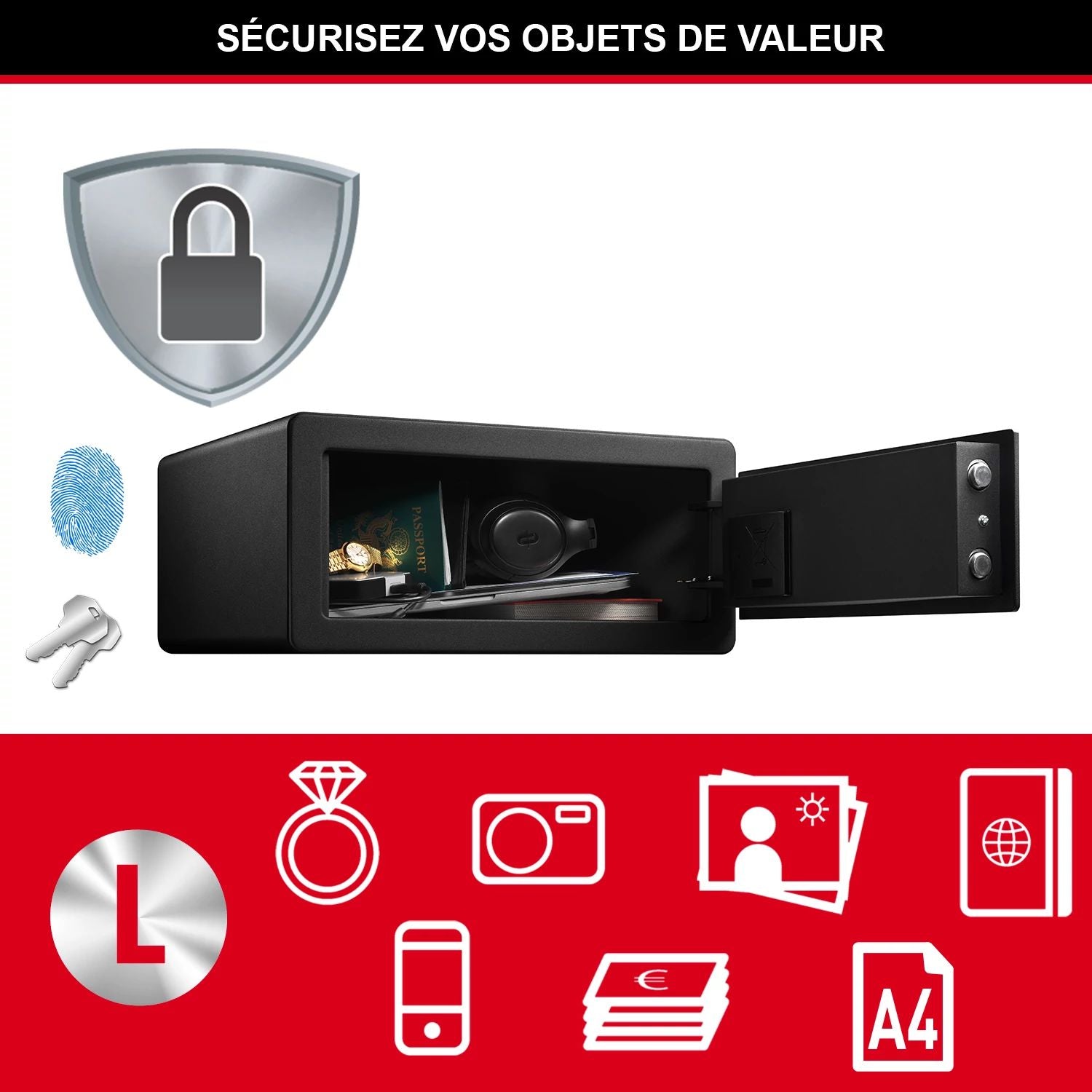 Master Lock LX110BEURHRO Biometric Security Safe for Valuables, Black, 19,5 x 43 x 37 cm