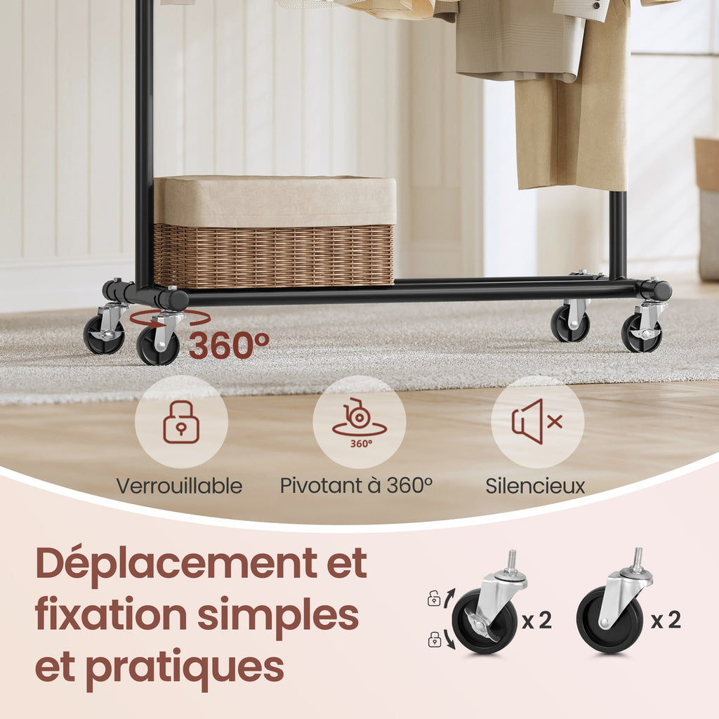 JOYFURNOS Portant à Vêtements sur Roulettes, Tringle à Vêtements Robuste, 45 x (92-132) x 161,5 cm, avec Tringle Extensible, Capacité de Charge 100 kg, Portable, Noir