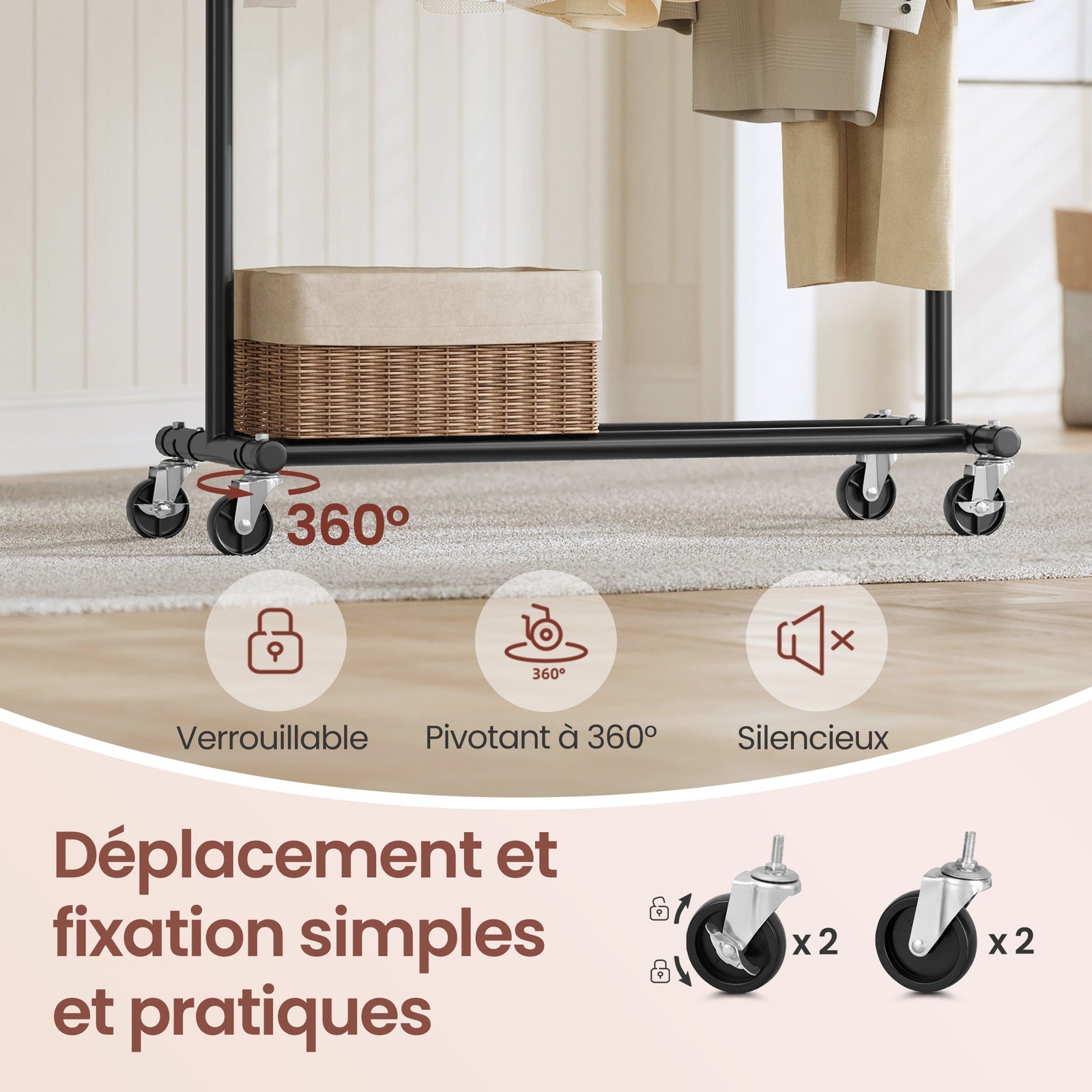 JOYFURNOS Portant à Vêtements sur Roulettes, Tringle à Vêtements Robuste, 45 x (92-132) x 161,5 cm, avec Tringle Extensible, Capacité de Charge 100 kg, Portable, Noir