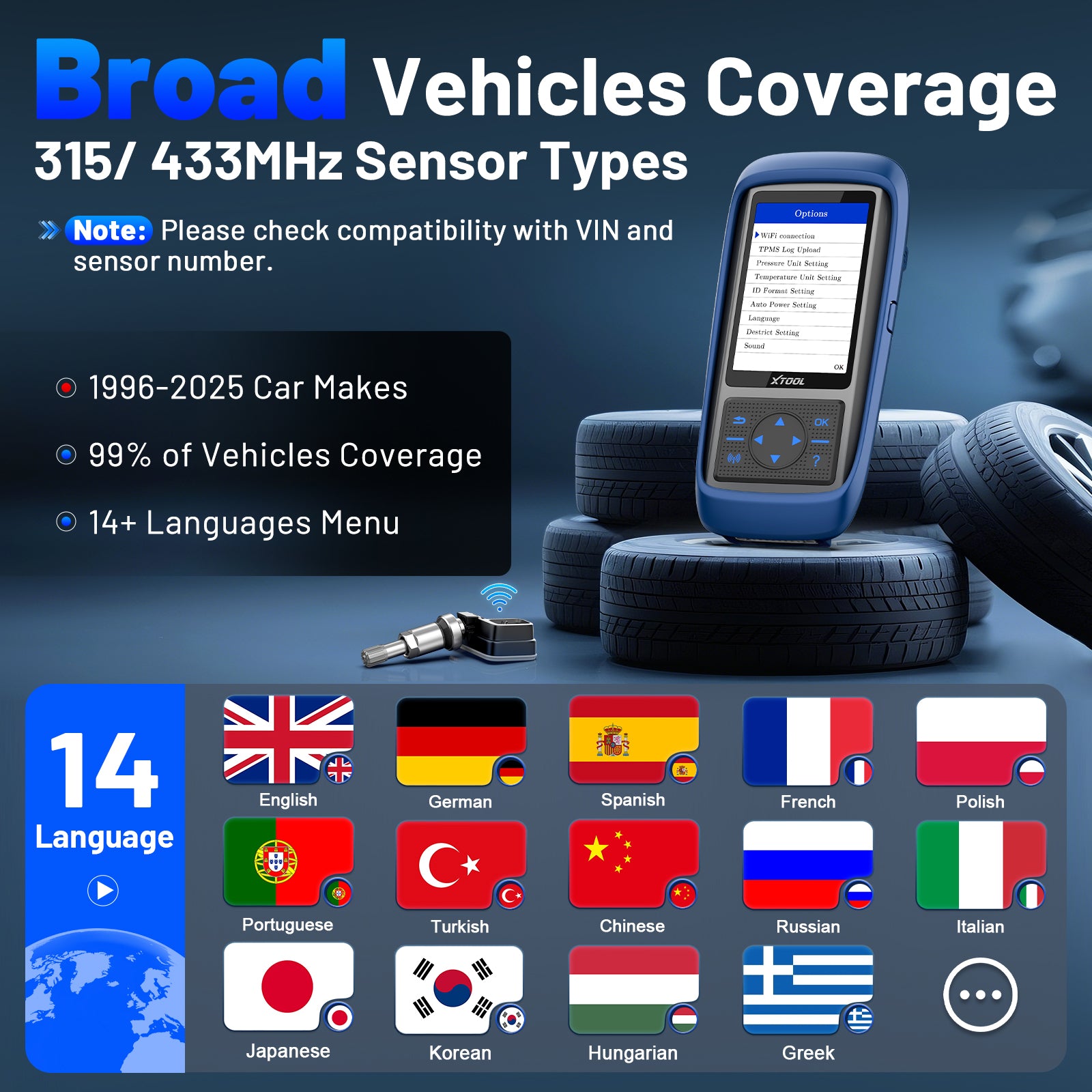 XTOOL TP150 Outil de programmation TPMS, de réapprentissage/réinitialisation/activation TPMS (315/433 MHz), programmateur de capteur de pression des pneus