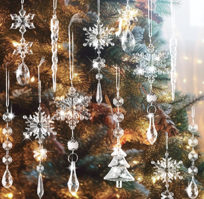 Ju7cer Lot de 26 décorations de sapin de Noël en cristal, pendentifs en forme de flocons de neige et de colonnes de glace en acrylique