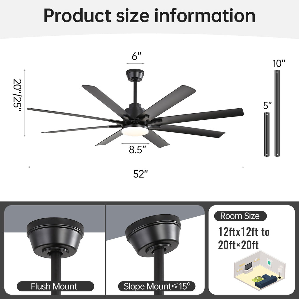 Sofucor 52K138 52 pouces Ventilateur de plafond avec lumière à tige noire avec 8 pales en ABS