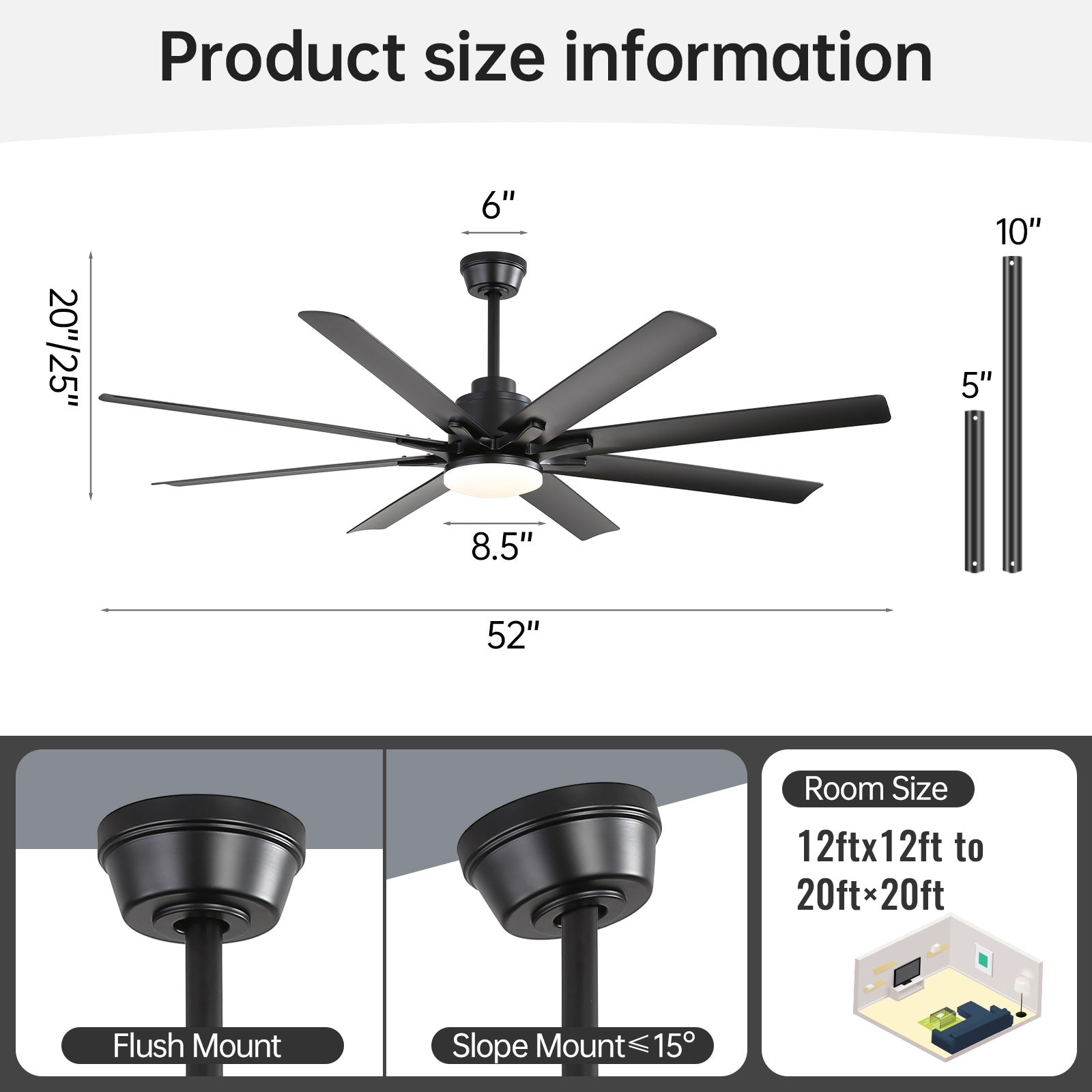 Sofucor 52K138 52 pouces Ventilateur de plafond avec lumière à tige noire avec 8 pales en ABS