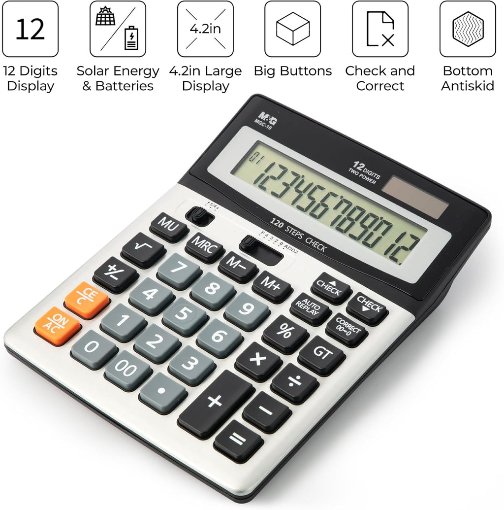 M&G Calculatrice de bureau 12 chiffres avec écran LCD extra-large, fonction de vérification et de correction, double alimentation solaire et batterie, touches larges