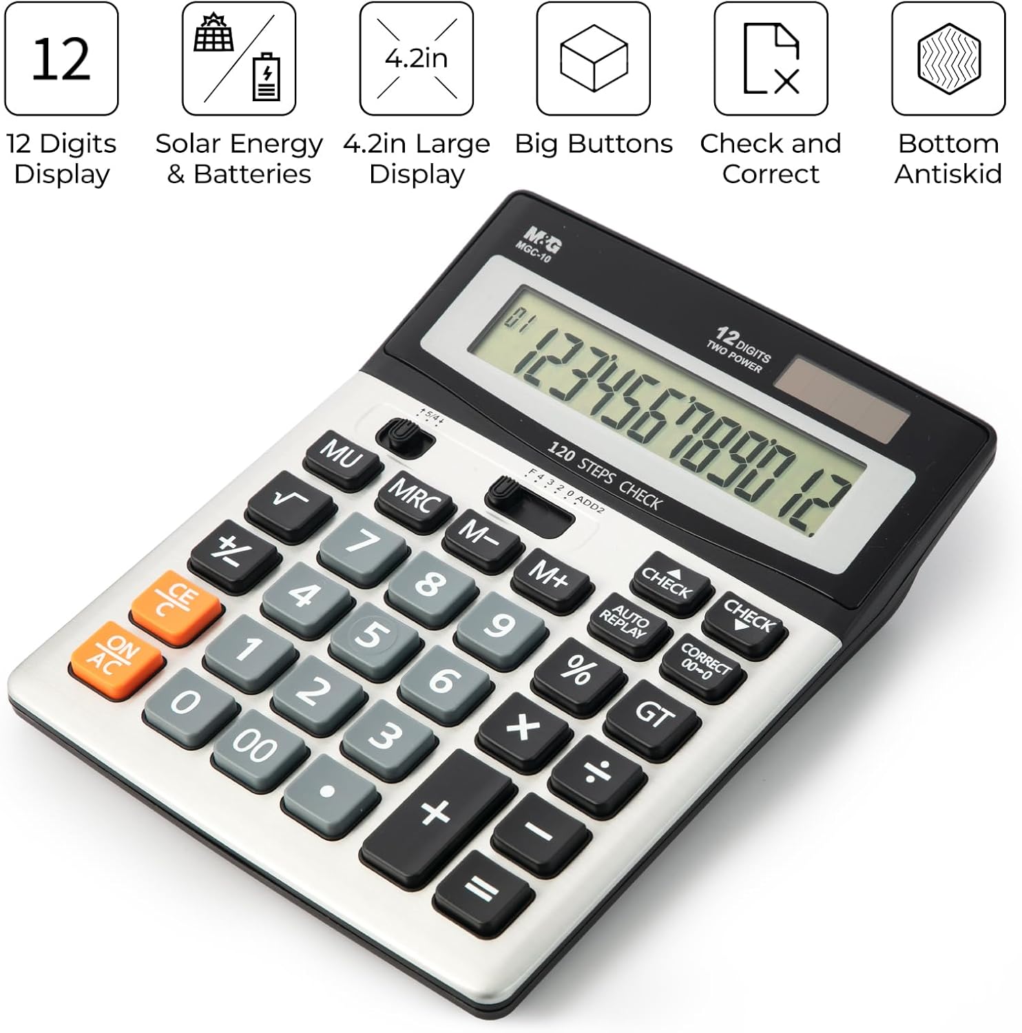M&G Calculatrice de bureau 12 chiffres avec écran LCD extra-large, fonction de vérification et de correction, double alimentation solaire et batterie, touches larges