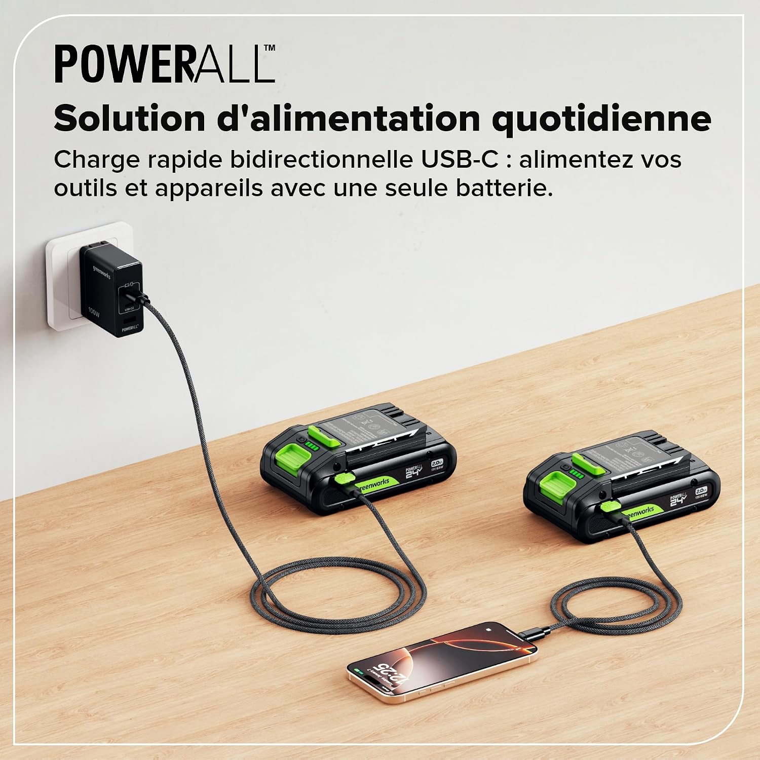Greenworks Kit de Démarrage 24 V 1x Batterie USB HP 2 Ah + Chargeur 65 W + Câble 100 W 1 m