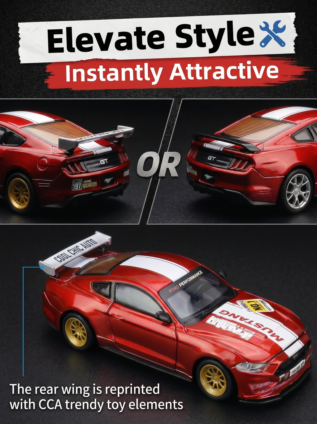 CCA1:42 2018 Ford Mustang GT Classic Red – Modèle de voiture à l’échelle 1:42, kit de montage DIY, portes ouvrantes et pièces interchangeables, modèle de collection et jouet d’exposition