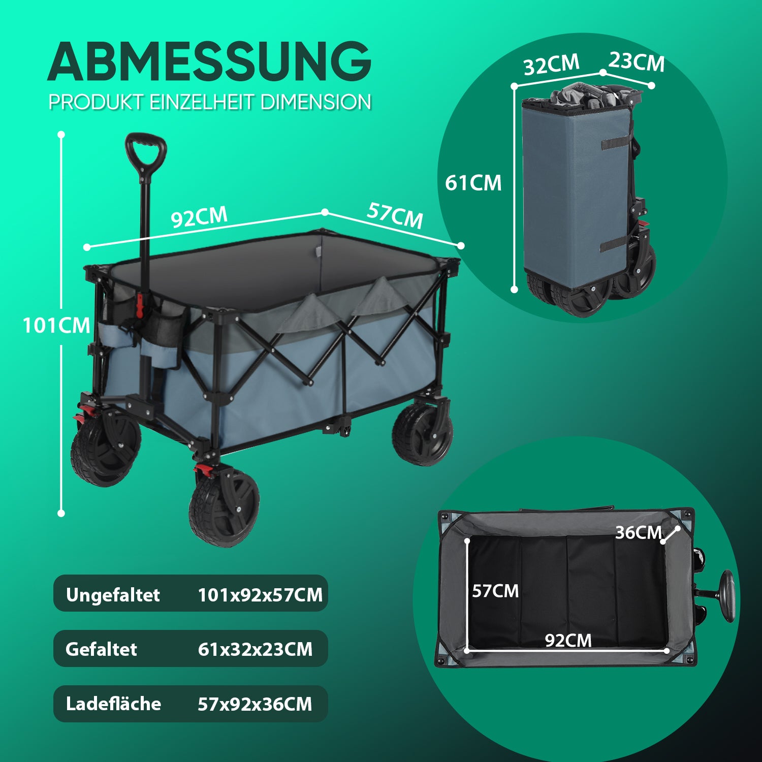 Sekey Chariot de festival pliable 200 L avec roues tout-terrain extra larges et frein, Bleu gris